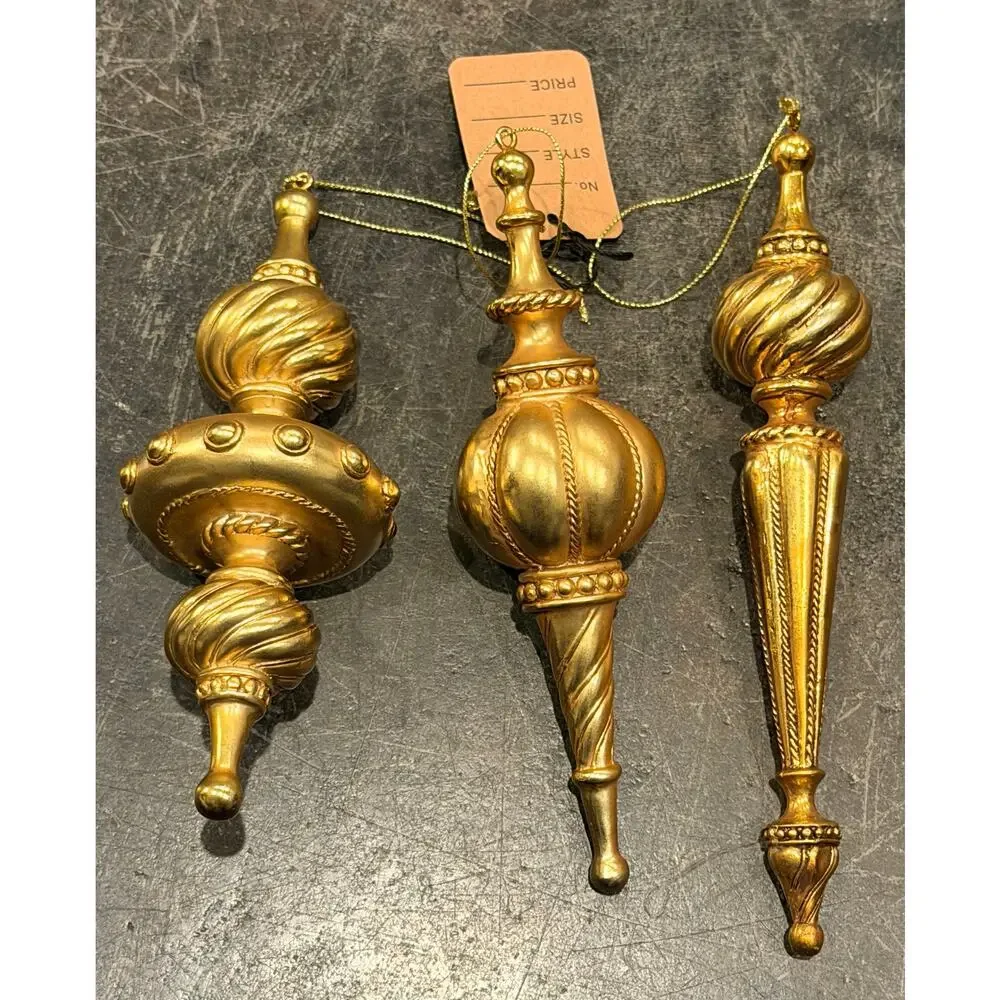 Set Of 3 Solid Finial Christmas Ornaments Antique Mercury Gold Finish